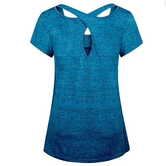 Short Sleeve Yoga Tops Activewear Running Workouts Cross Back Sport Shirt,Medium - Picture 2 of 6